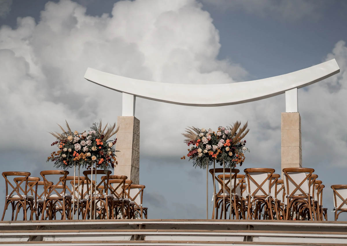 Majestic Elegance Costa Mujeres destination wedding gazebo setup overlooking the Caribbean Sea